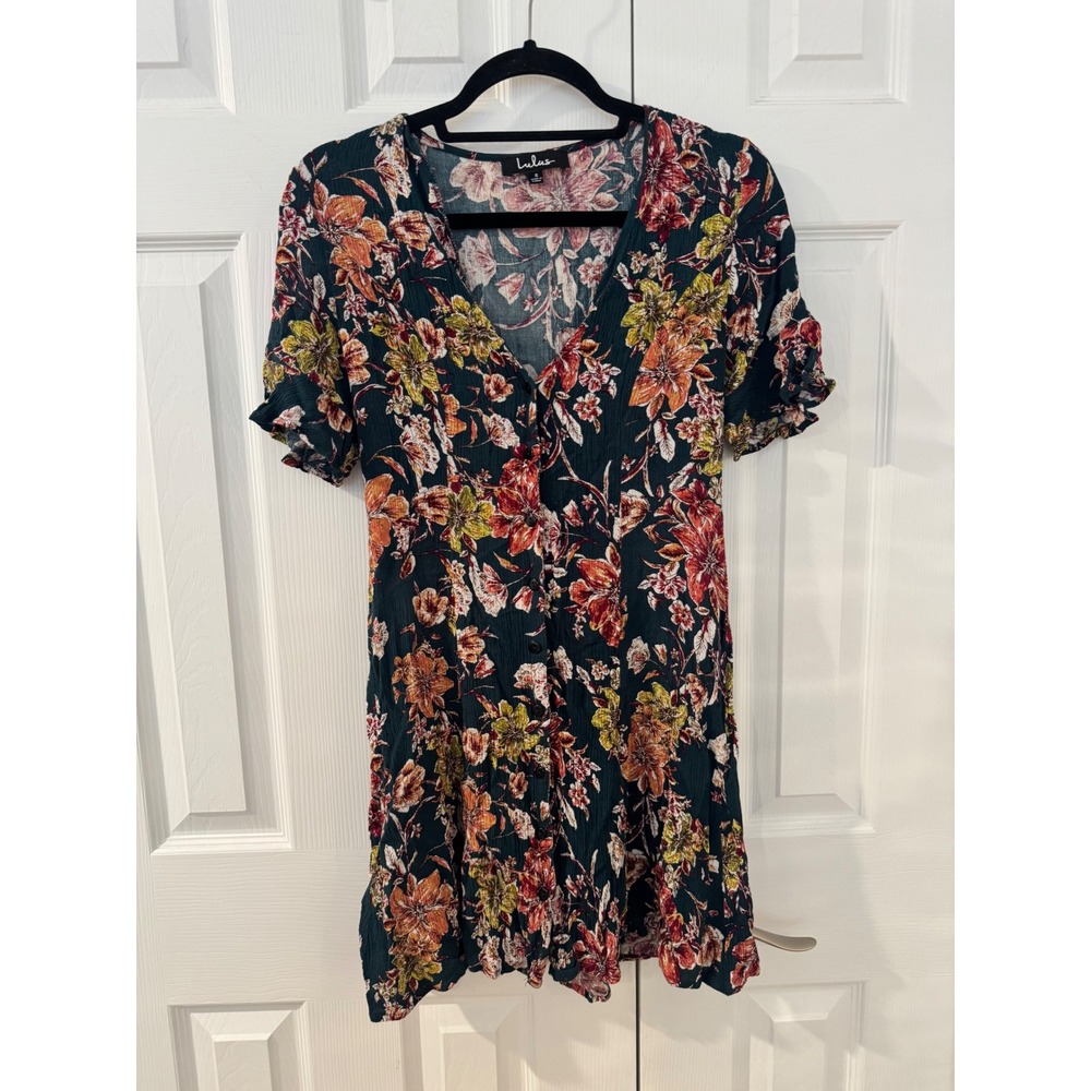 Lulus Floral Button Down Mini Dress Dark Teal Orange V-Neck Rayon Small D1248